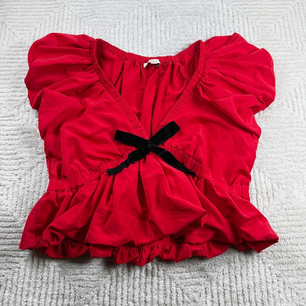 LOFT Peplum Blouse Women's XL Red Velvet Bow Puff Sleeve Romantic Coquette Party